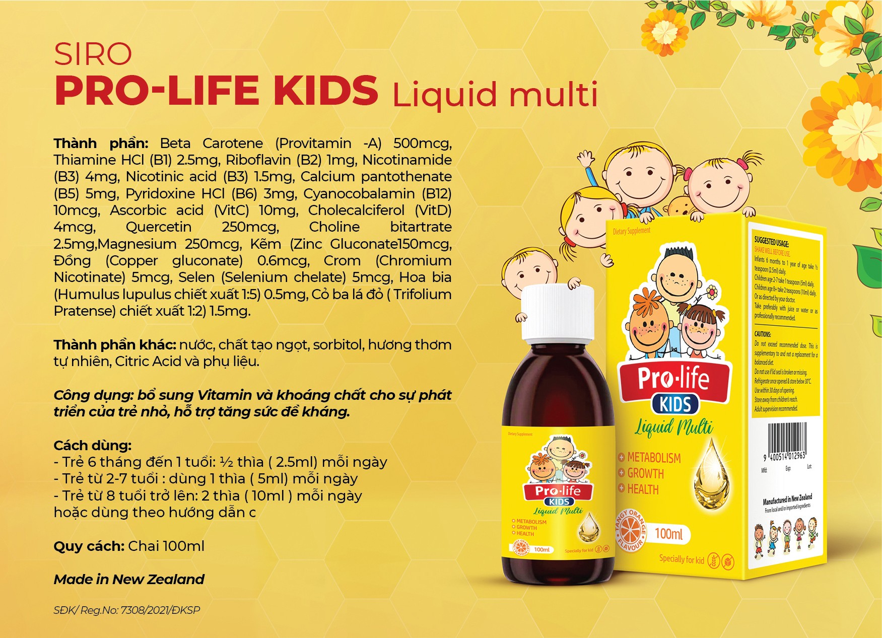 Siro bổ sung vitamin cho trẻ em PRO-LIFE KIDS Liquid Multi, nhập khẩu NEW ZEALAND, hộp 100ML